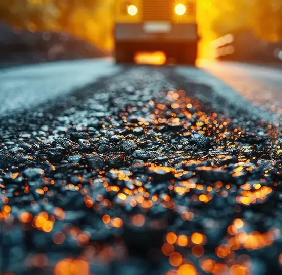 Paver taillights glowing over a freshly laid asphalt mat