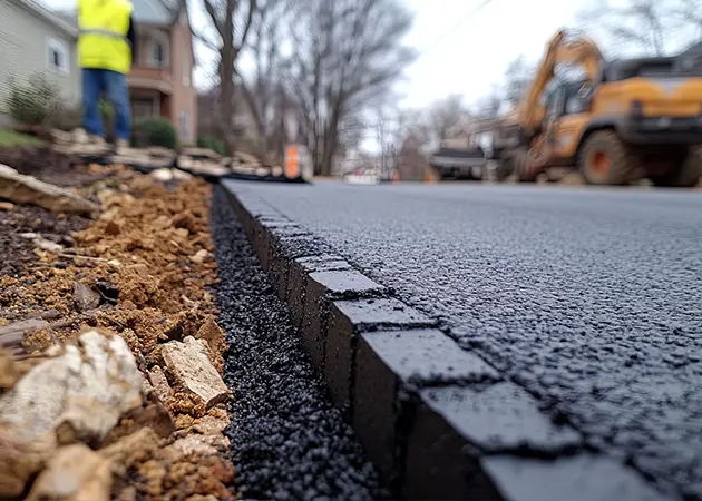 Newly paved edge beside a curb with an excavator on site
