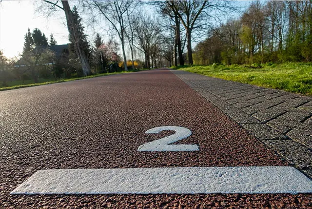 Paved lane with a painted lane number cutting through trees
