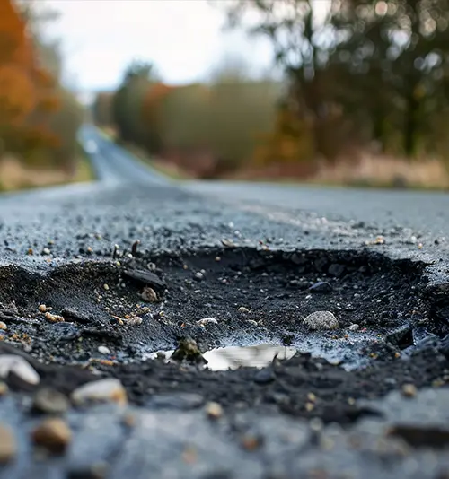 Pothole and broken pavement on a worn road