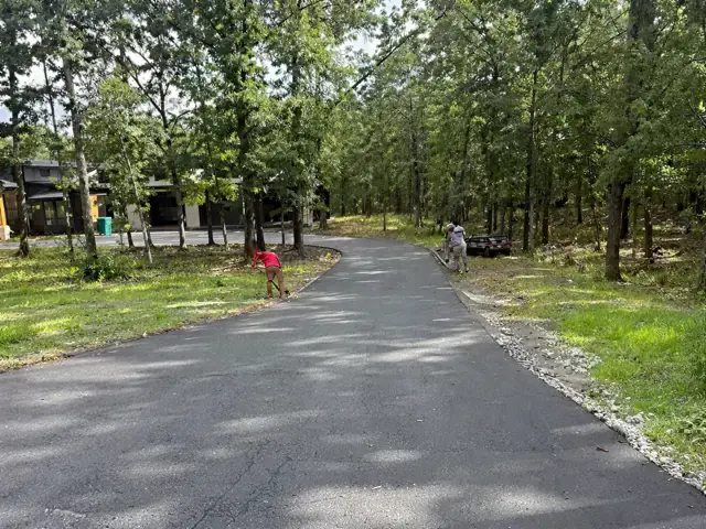 Long asphalt driveway through a wooded property